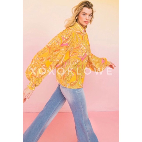 Yellow Button Down Blouse Paisley Print Long Sleeves - Picture 4 of 10
